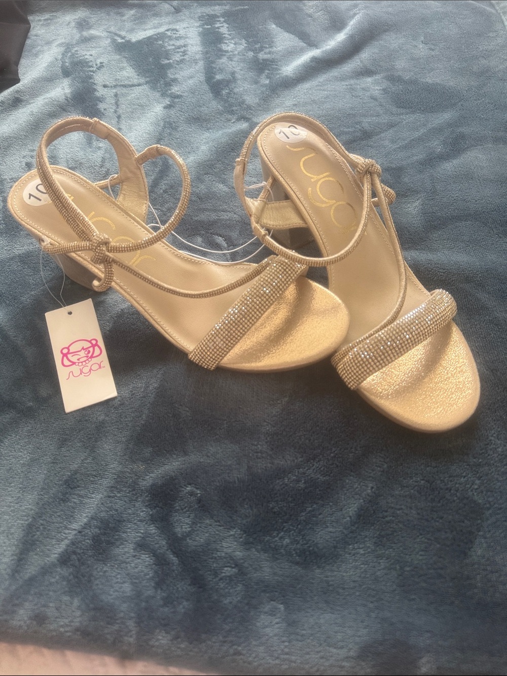 Sugar Gold Rhinestone Block Heel Sandals - Picture 3 of 3